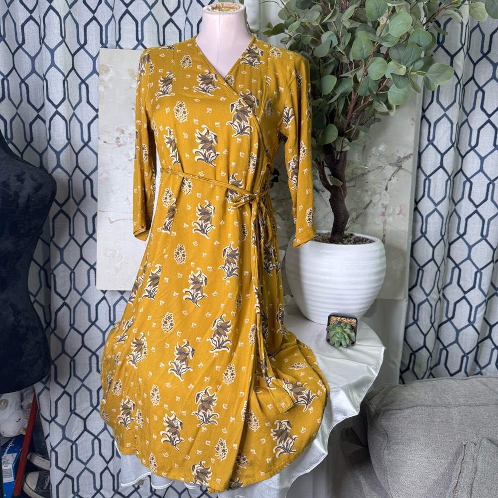 Cost Plus World Market Mustard Floral Long Sleeve Dress